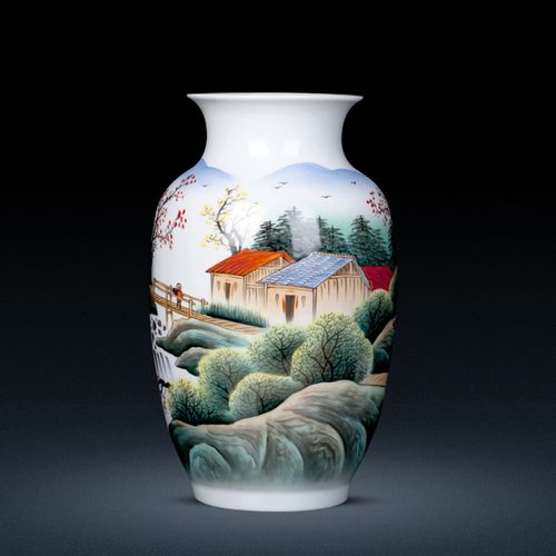 景德镇陶瓷手绘陶瓷花瓶名人名作小桥流水瓷瓶现代时尚家居摆件